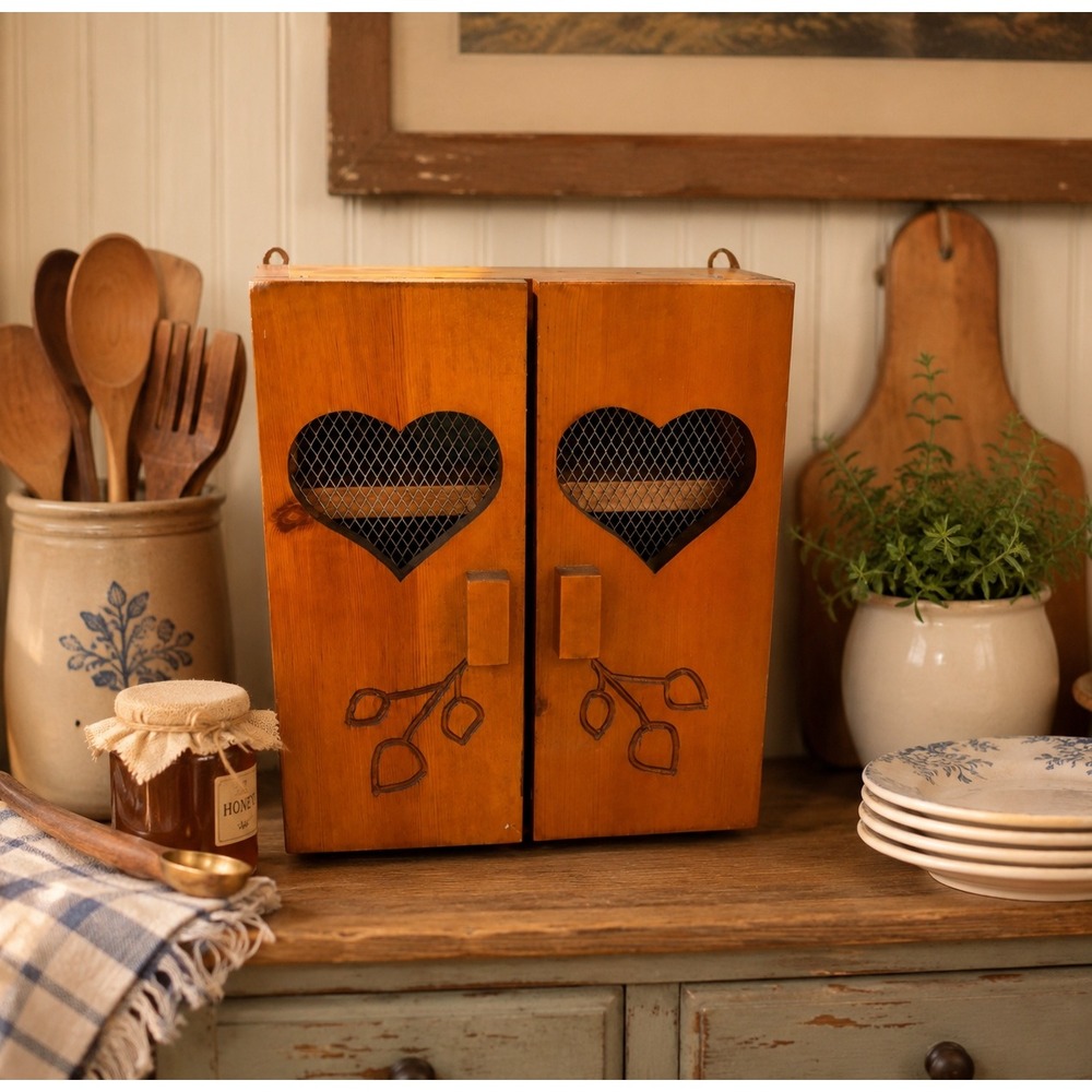 Handmade Wood Wall Cabinet Small Brown Good Heart Mesh Carved Leaf Rustic Decor